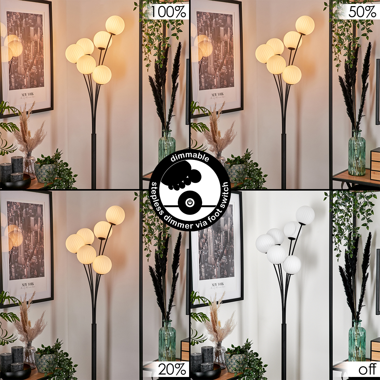 Eine Stehlampe mit sechs Kugelleuchten. Das Bild zeigt die Lampe bei verschiedenen Helligkeitsstufen, von 100 % bis aus. Vasen und Bilder sind vorhanden.