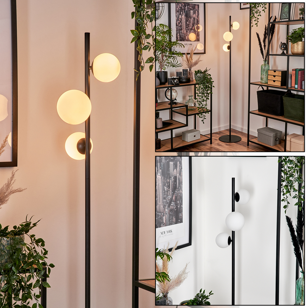 Eine moderne Stehlampe mit drei leuchtenden Kugeln steht neben Regalen mit Dekoration und Pflanzen. Ein New York-Foto hängt an der Wand.