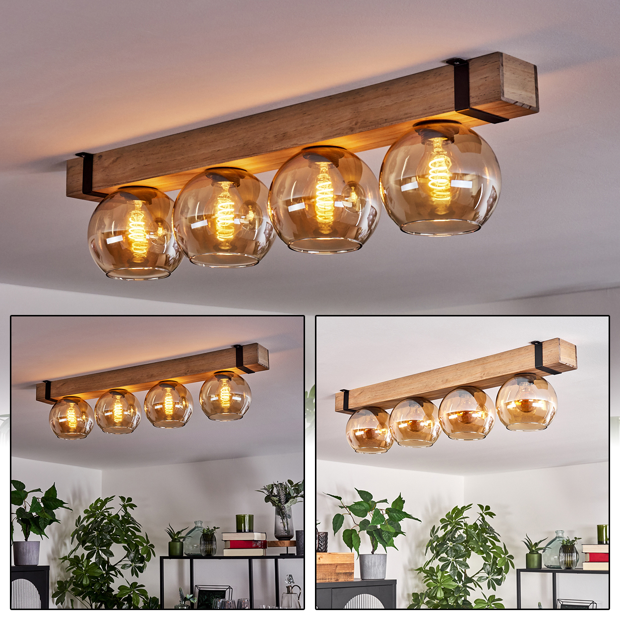 Eine Deckenleuchte mit vier bernsteinfarbenen Glaskugeln und Edison-Glühbirnen, die an einem Holzbalken befestigt sind.