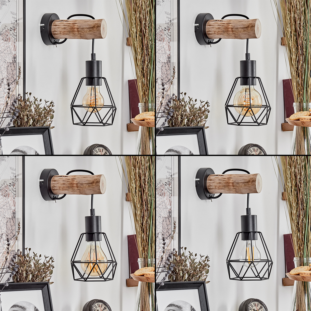 Eine Wandlampe mit Holzbalken und einem schwarzen Metallkäfig, der eine Glühbirne umgibt. Der Hintergrund hat dekorative Elemente.