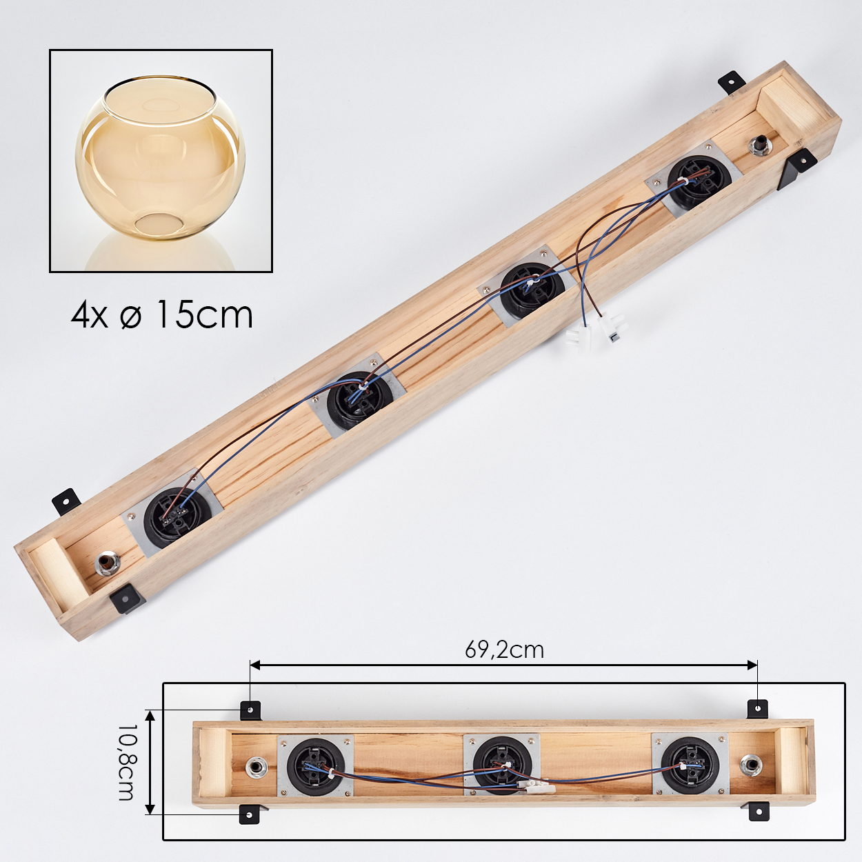 Draufsicht auf eine Holzleuchte mit vier Lampenfassungen. Oben links befindet sich eine kleine Glasschale. Abmessungen sind angegeben.