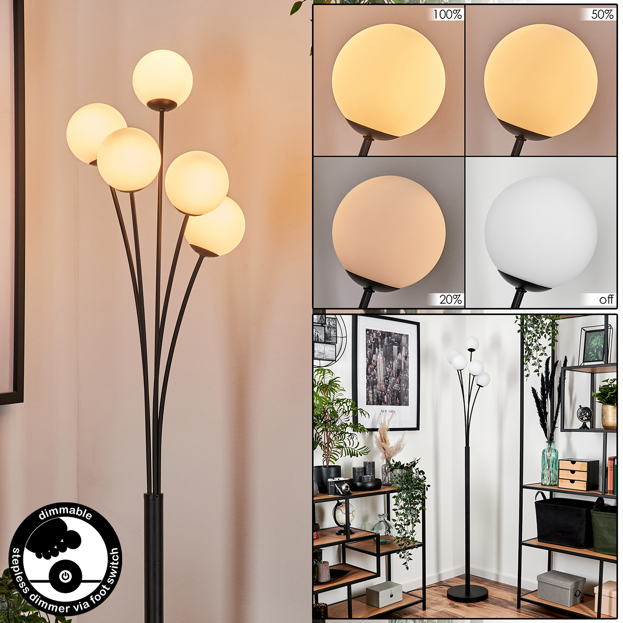 Eine schwarze Stehlampe mit kugelförmigen Lichtern. Zusatzbilder zeigen die Lichtstärken. Regale mit Deko und Pflanzen im Hintergrund.