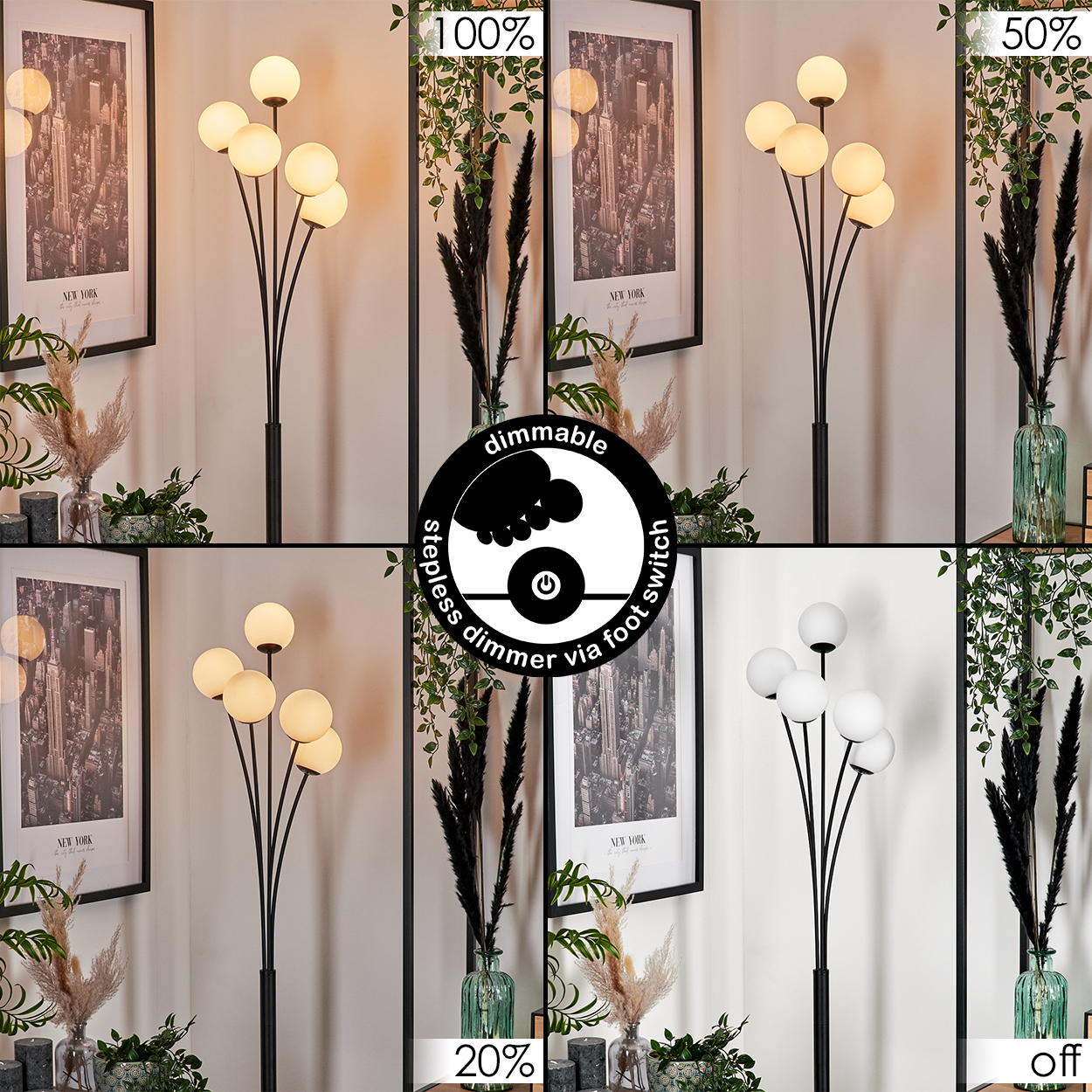 Eine Stehlampe mit sechs weißen Kugelleuchten und schwarzen Stielen. Um die Lampe herum befinden sich gerahmte Bilder, Pflanzen und Vasen. Dimmer wird angezeigt.