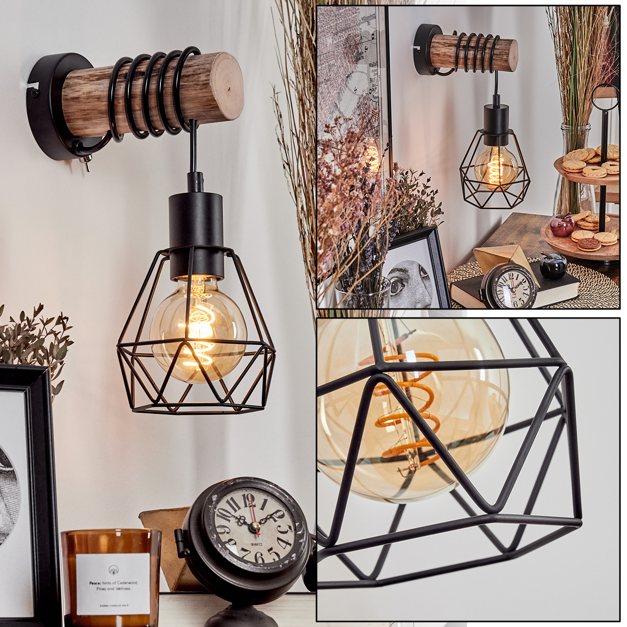 Eine Wandlampe mit Holzsockel und schwarzem Metallkäfig um eine Glühbirne. Dekorative Gegenstände wie Uhr, Kerze und Bilderrahmen.