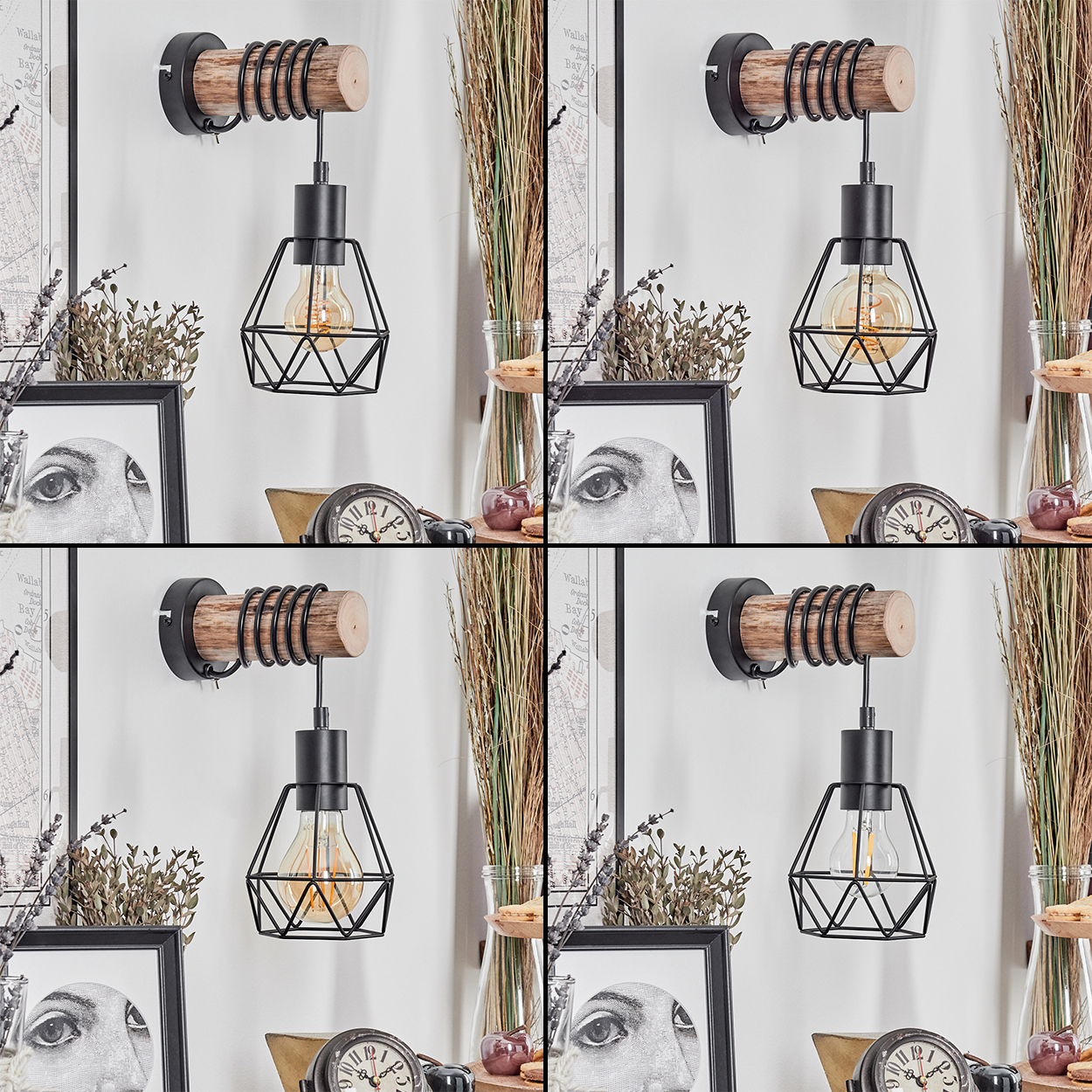 Eine schwarze und hölzerne Wandlampe mit geometrischem Lampenschirm. In der Nähe befinden sich ein Bilderrahmen, eine Uhr und dekorative Pflanzen.