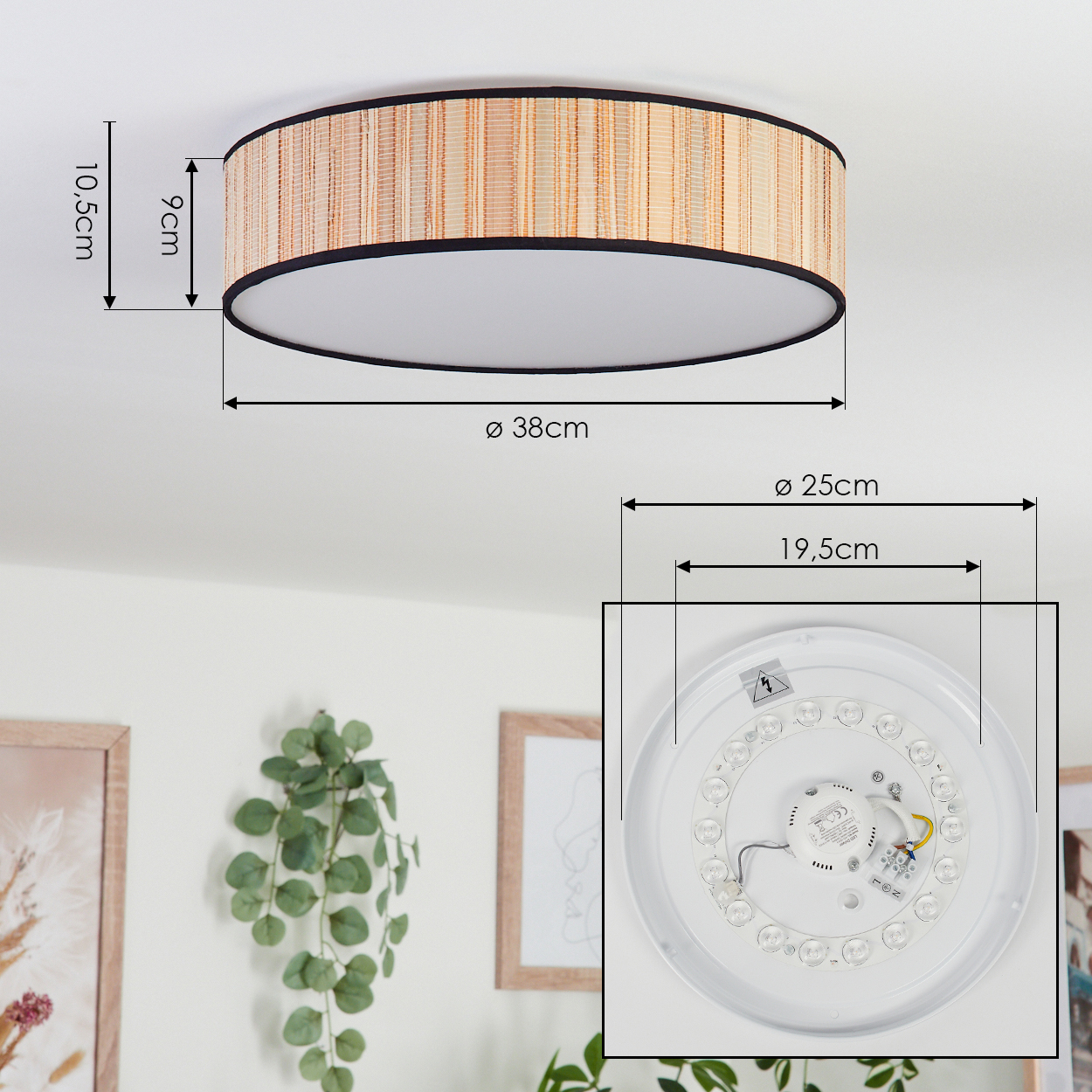 Eine Deckenlampe mit gewebtem Schirm und schwarzem Rand. Abmessungen sind beschriftet. Eine Detailansicht des Innenlebens wird ebenfalls gezeigt.