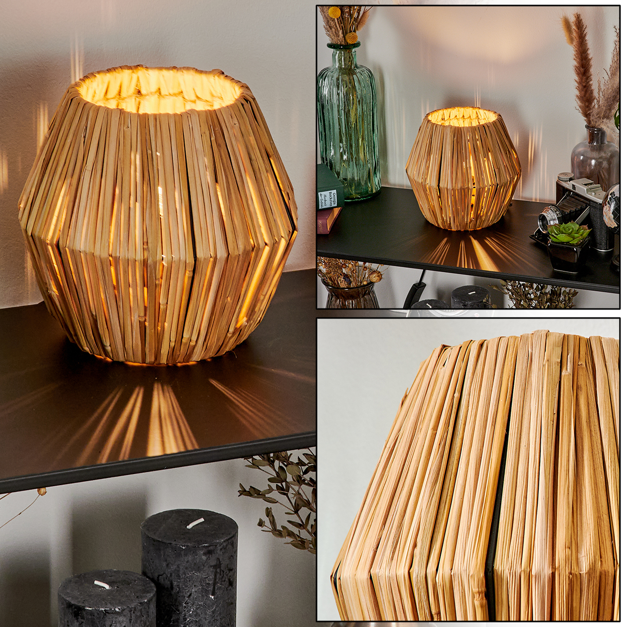 Eine Bambuslampe auf einem Regal leuchtet. Schwarze Kerzen sind darunter. Weitere Dekorationen sind Flaschen, Kamera und Pflanze.