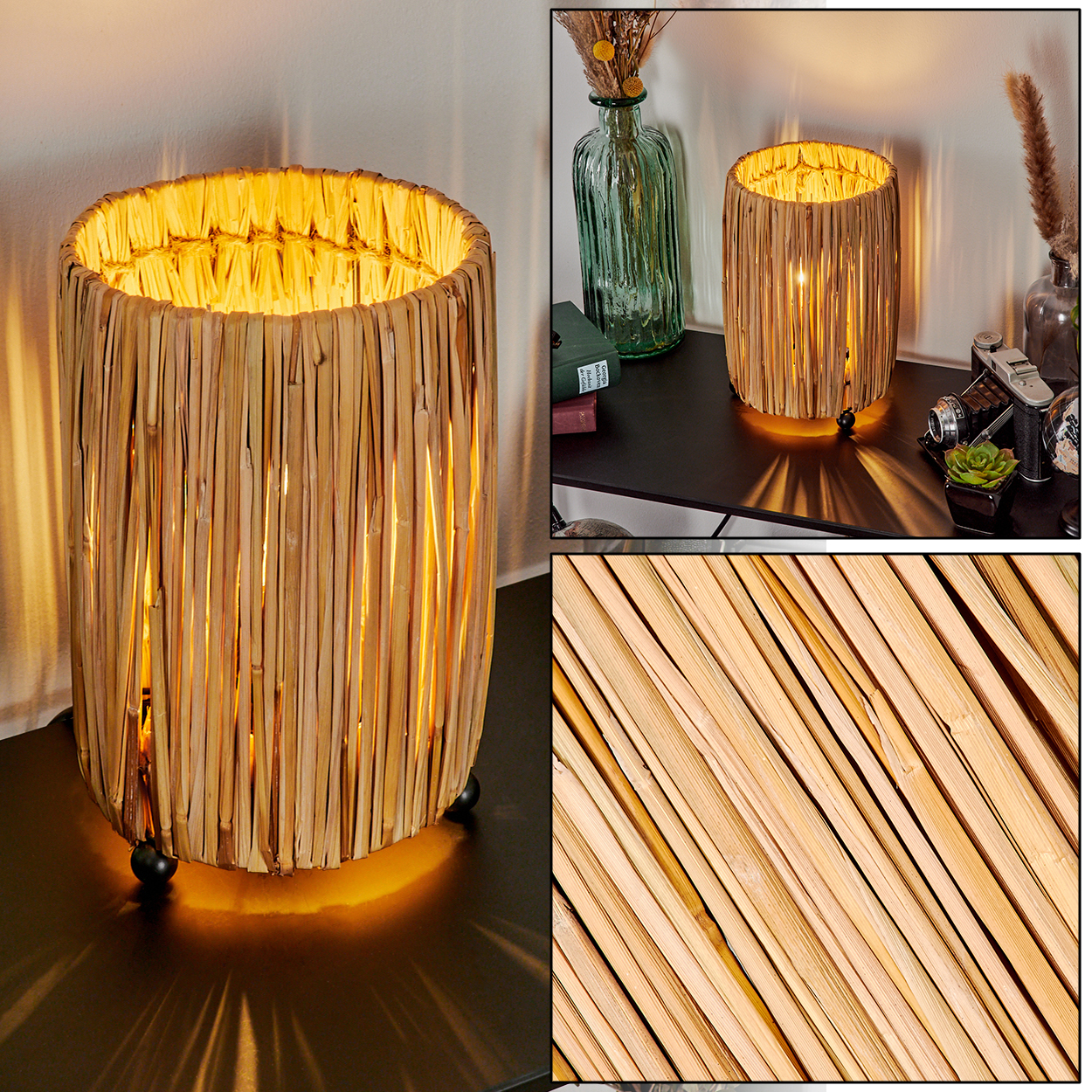 Eine zylindrische Lampe aus geflochtenem Stroh, von innen beleuchtet. Die Lampe steht auf kleinen schwarzen Füßen und wirft einen warmen Schein.
