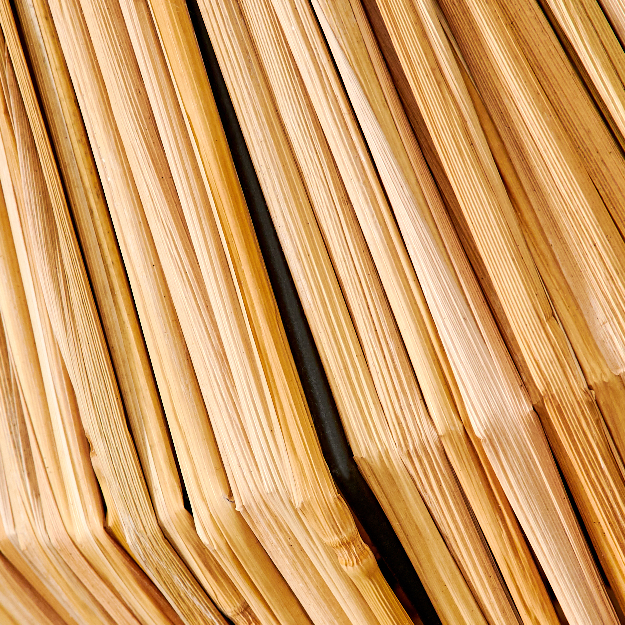 Nahaufnahme von geschichtetem, hellbraunem, bambusähnlichem Material mit dunklen Lücken zwischen den Teilen. Die Textur hat vertikale Linien.