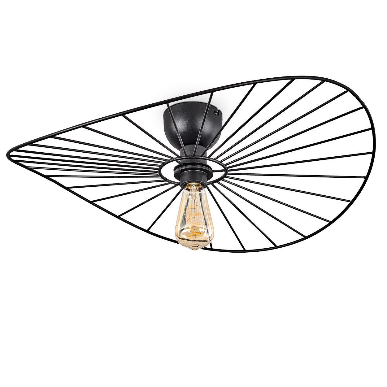 Eine schwarze Deckenlampe mit tropfenförmigem Rahmen und sichtbarer Glühbirne. Der Hintergrund ist weiß.