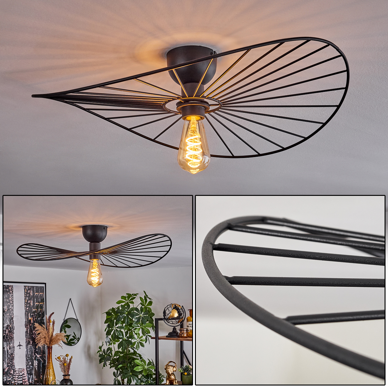 Eine schwarze, künstlerische Deckenleuchte mit einer freiliegenden Glühbirne. Die Lampe hat ein einzigartiges, offenes Design.