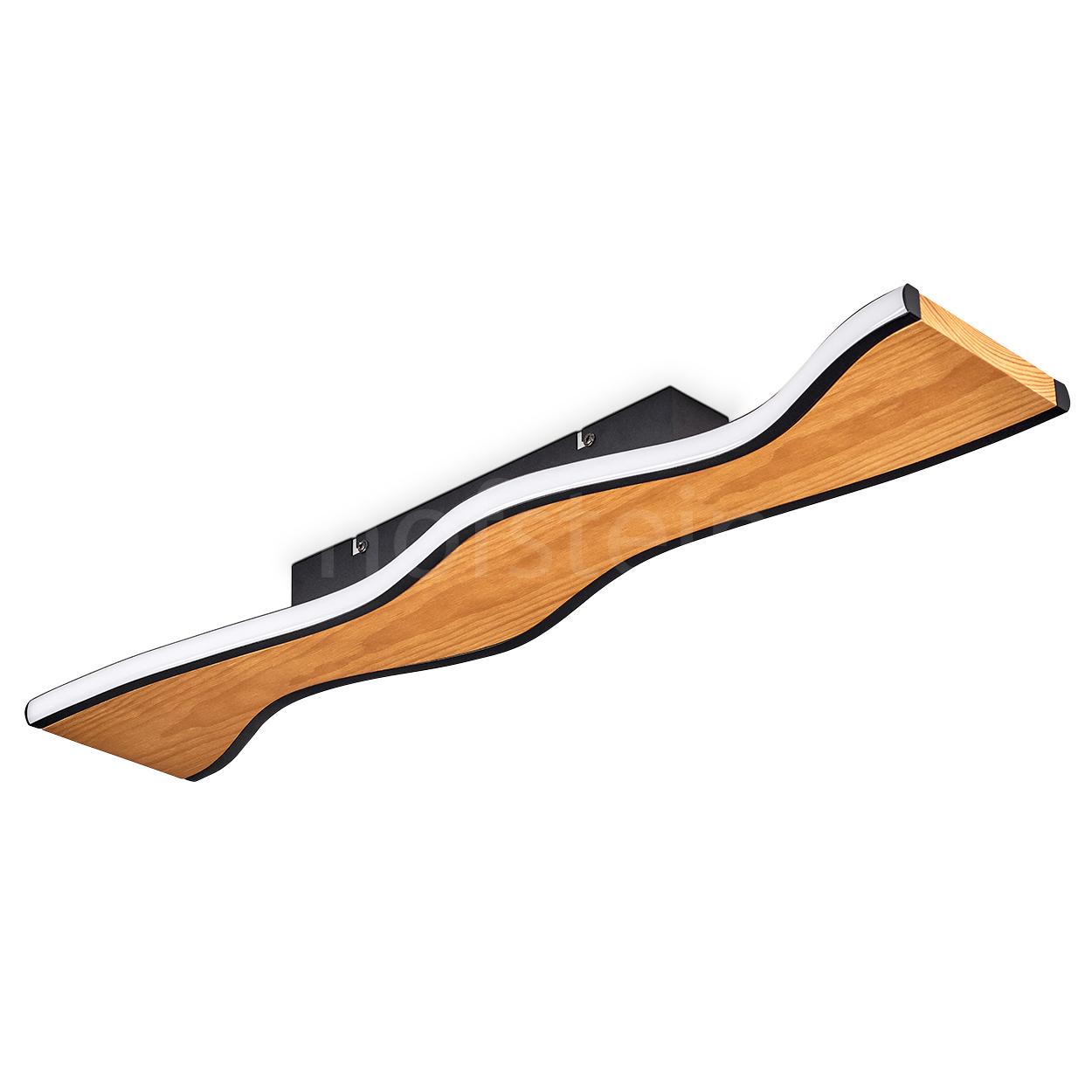 Eine moderne Deckenlampe aus Holz mit schwarzen Kanten und einem weißen Lichtstreifen, montiert auf einem schwarzen, rechteckigen Sockel.