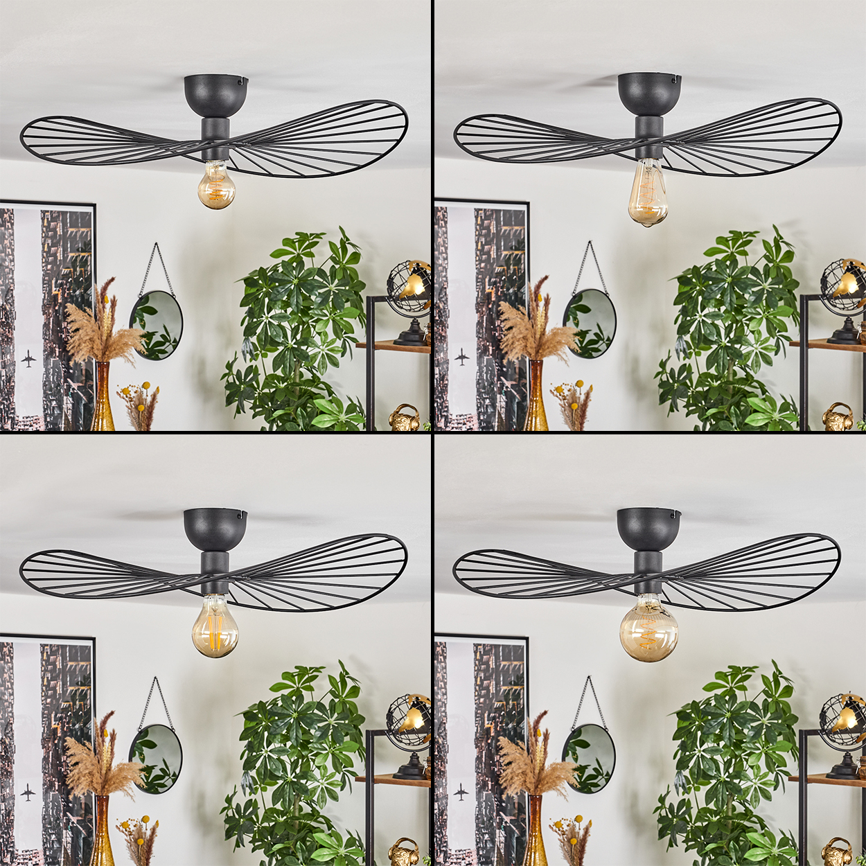 Ein schwarzer Deckenventilator mit Edison-Glühbirne hängt über Pflanzen, einem Spiegel und einem Globus. Im Hintergrund sind Kunstwerke und Regale zu sehen.