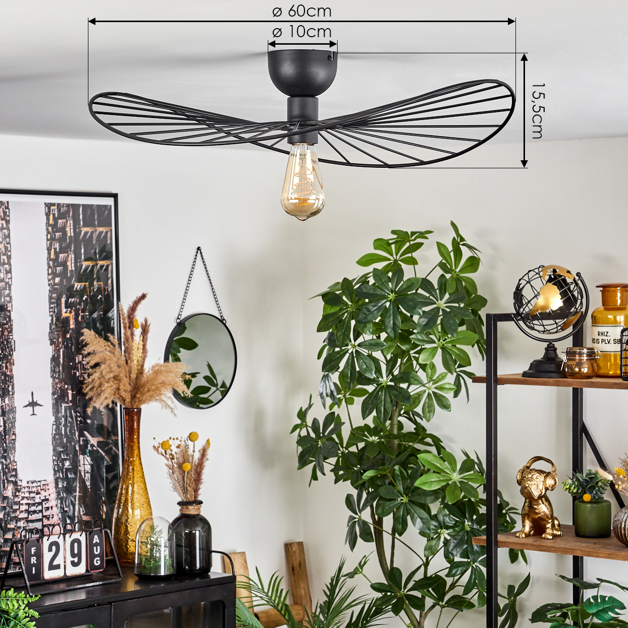 Schwarze Deckenlampe mit dekorativem Design. Innenraum mit Pflanzen, Spiegel und Dekorationen. Abmessungen sind auf dem Bild angegeben.