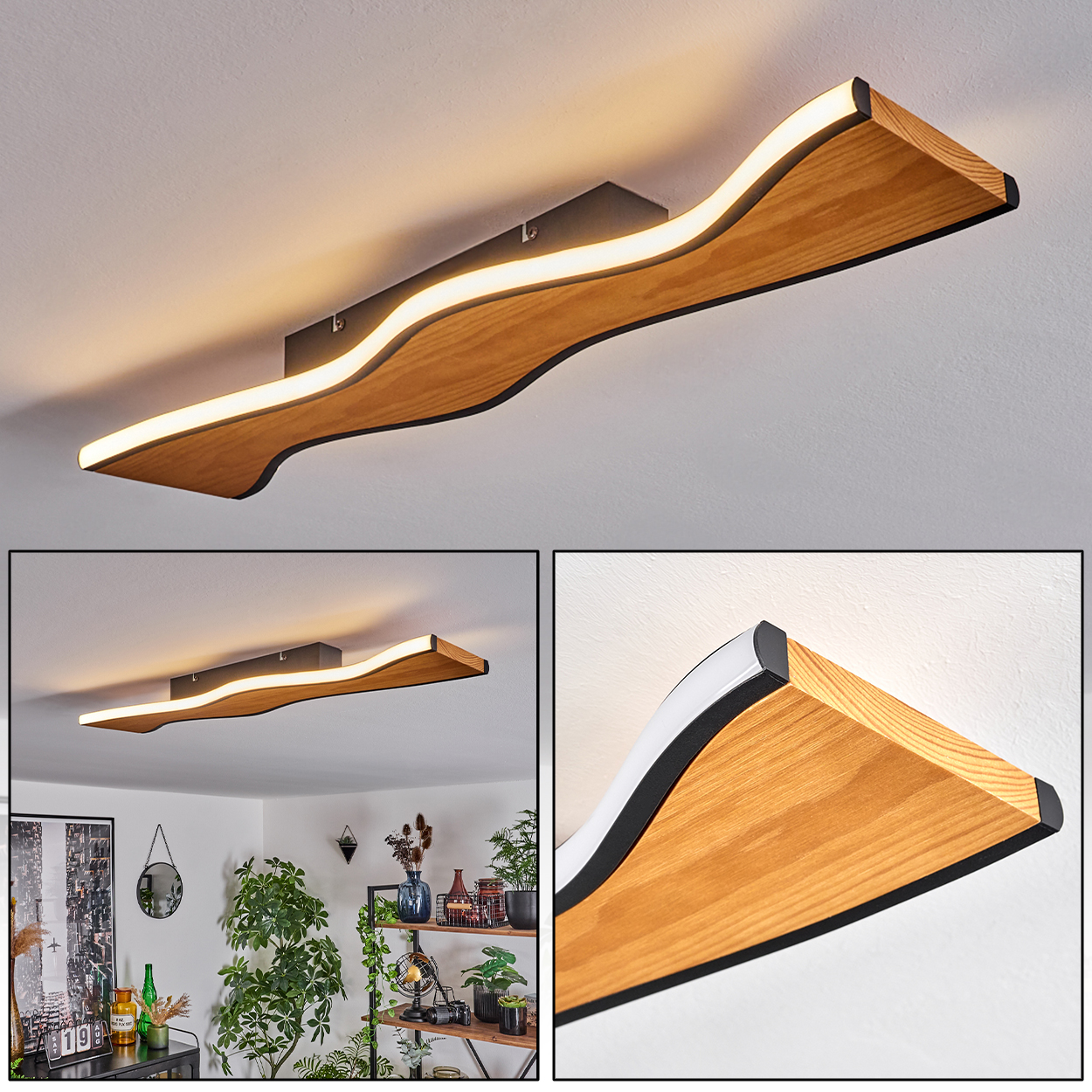Eine Holzdeckenlampe mit wellenförmigem Design wird beleuchtet. Der Hintergrund zeigt ein Wohnzimmer mit Pflanzen und Dekorationen.