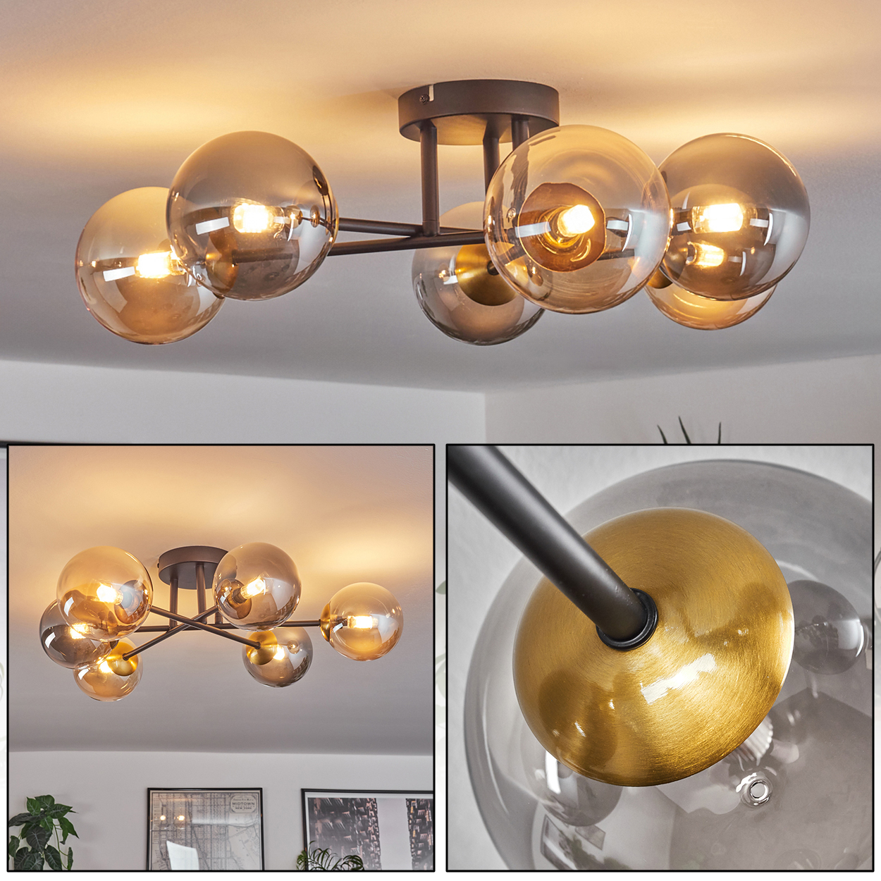 Eine Deckenleuchte mit sechs Glaskugeln. Dunkle Metallarme und ein kreisförmiger Sockel. Warmes Licht beleuchtet die Kugeln.