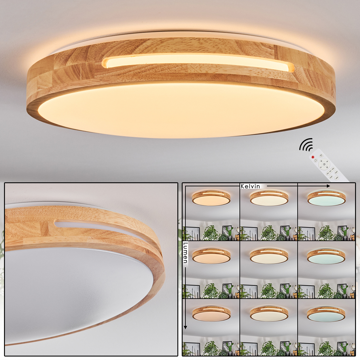 Eine Deckenlampe aus Holz mit Fernbedienung. Die Lampe bietet verschiedene Lichteinstellungen. Es gibt zusätzliche Ausschnitte der Lampe.