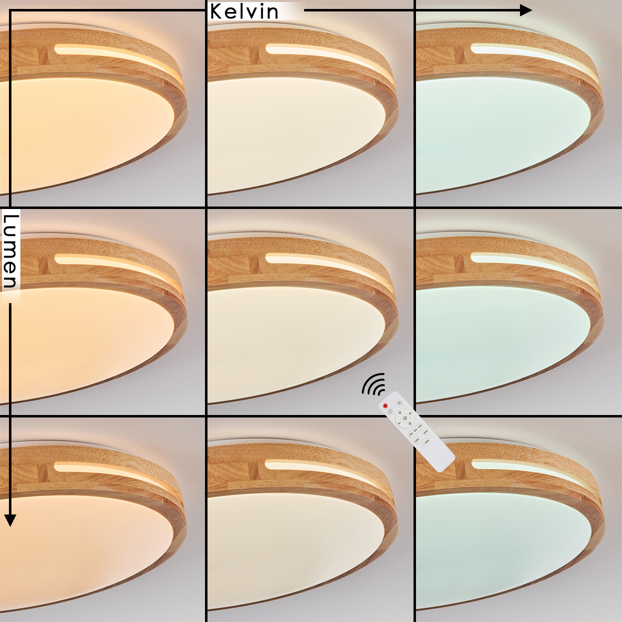 Neun Deckenleuchten mit Holzverkleidung und weißen Diffusoren. Jede zeigt eine andere Farbtemperatur und Helligkeit, gesteuert durch eine Fernbedienung.