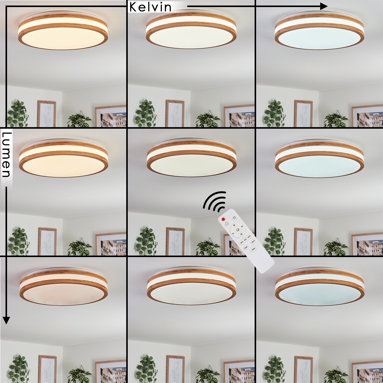 Neun Bilder zeigen eine Deckenleuchte mit unterschiedlichen Lichtfarben und -intensitäten. Eine Fernbedienung ist vorhanden, die die Lichtsteuerung demonstriert.