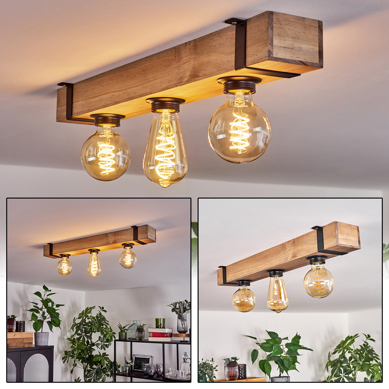 Eine Deckenleuchte aus Holzbalken mit drei Edison-Glühbirnen. Die Glühbirnen haben warmes, gelbes Licht. Der Hintergrund ist eine weiße Decke.