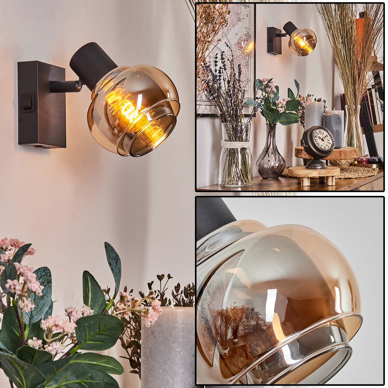 Eine Wandlampe mit Glasschirm, Schalter und Dekoration mit Blumen, Kerzen und einer Uhr.