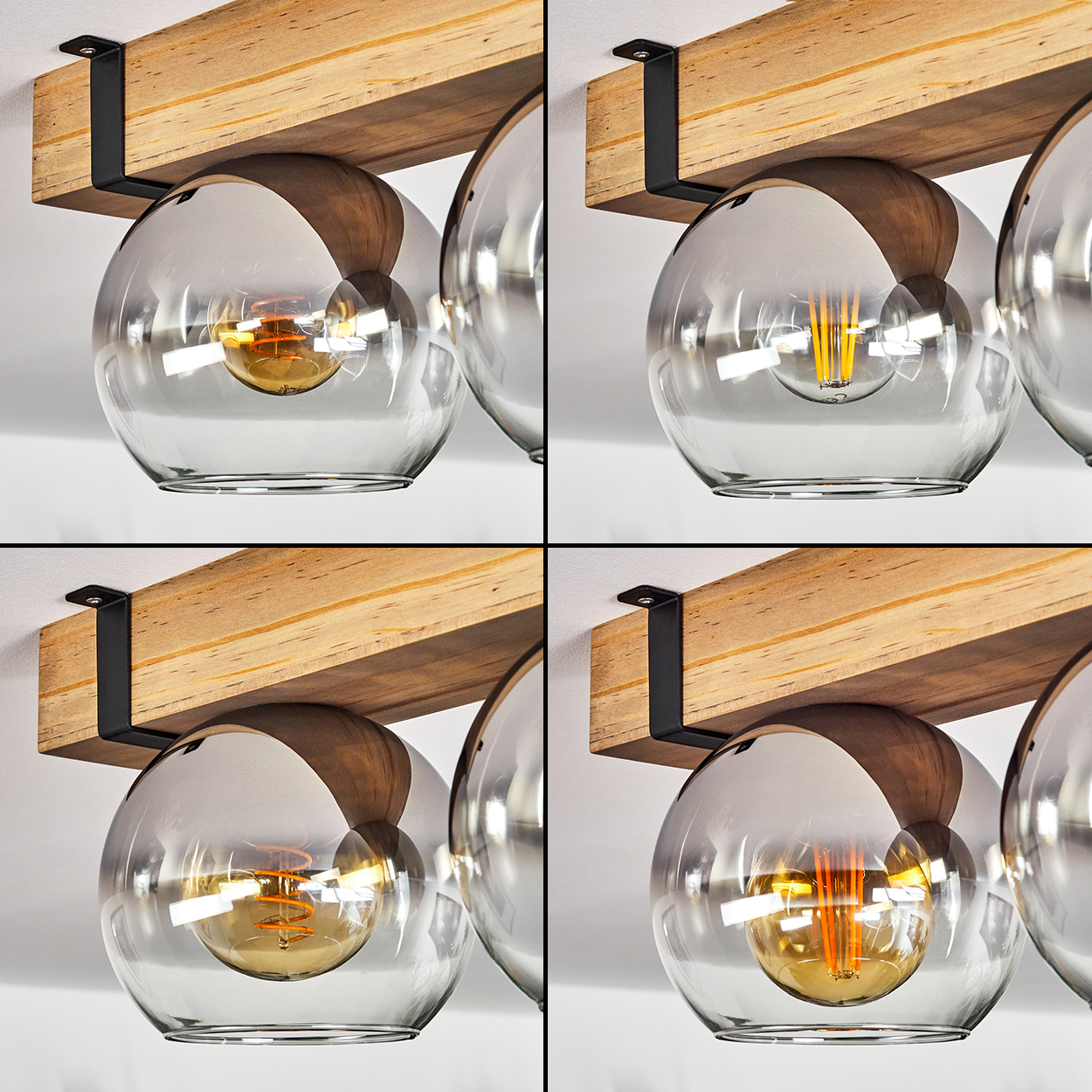 Vier Abschnitte zeigen eine Leuchte mit kugelförmigen Glasschirmen. Ein Holzbalken trägt die Leuchten, jede hat eine Glühbirne.