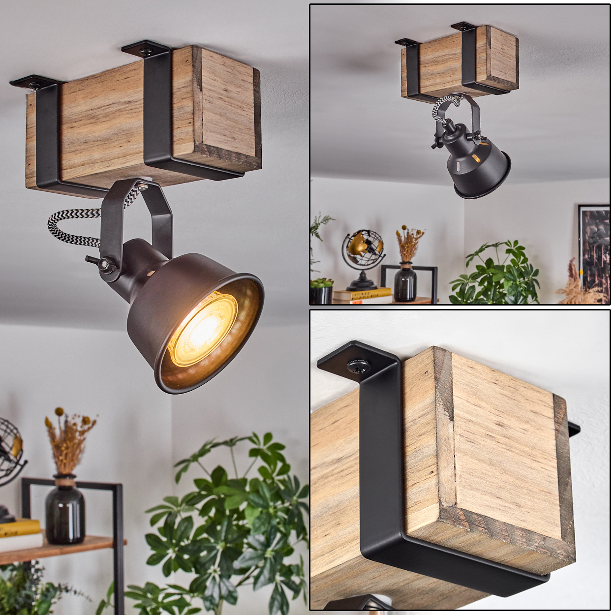 Ein Deckenstrahler mit Holzbalken, schwarzen Metallbügeln und einer schwarzen Lampe mit warmem Licht. Pflanzen und Deko im Hintergrund.