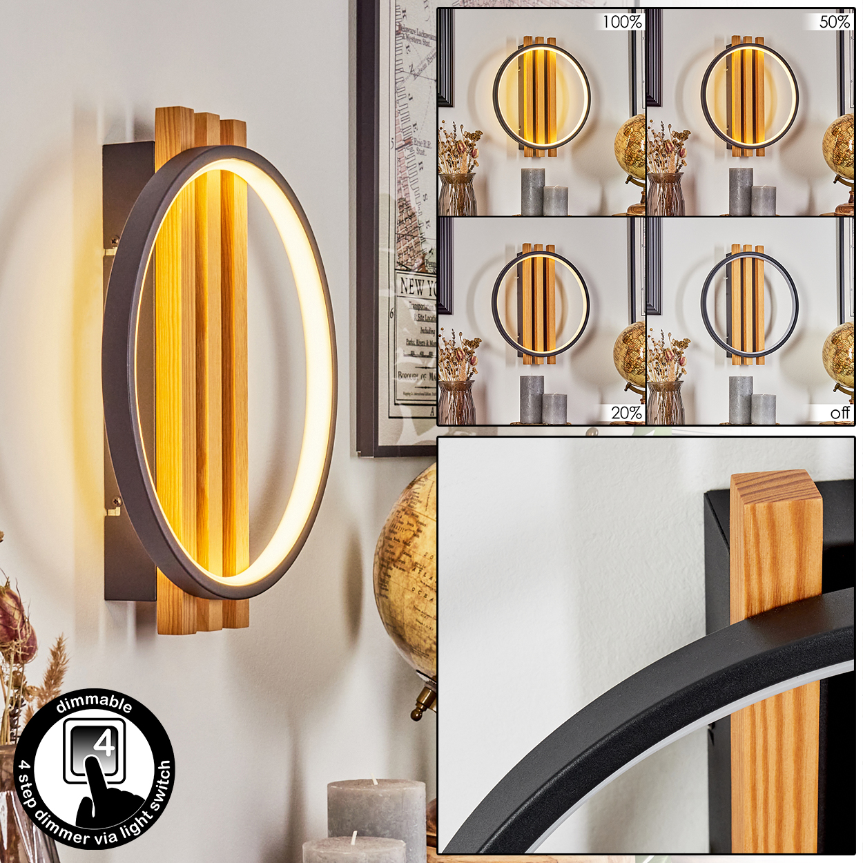 Eine Wandlampe mit kreisförmigem Licht, Holzakzenten und Dimmfunktion. Das Bild enthält eine Nahaufnahme und verschiedene Lichteinstellungen.