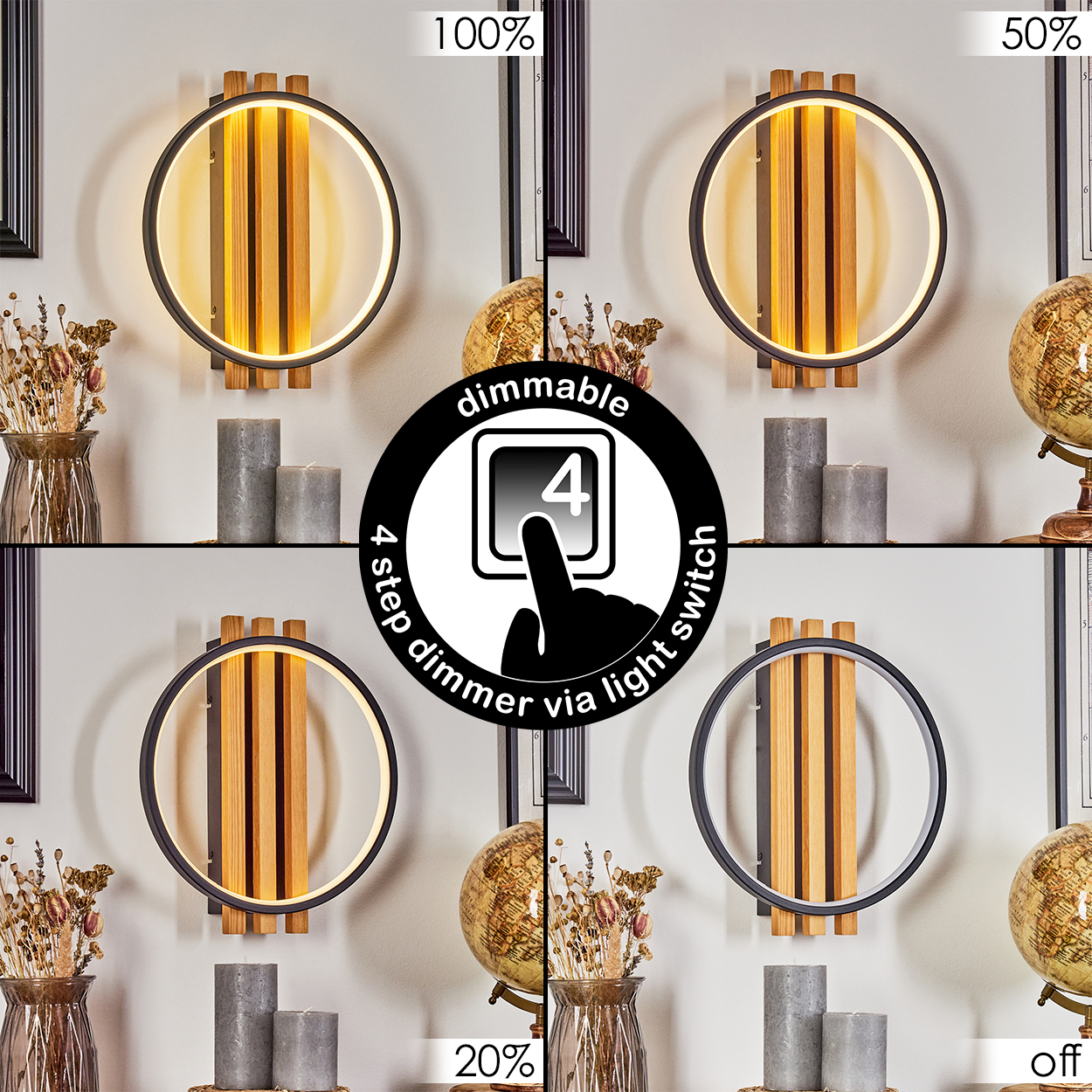 Eine Wandlampe mit verschiedenen Helligkeitseinstellungen. Sie hat ein kreisförmiges Licht und Holzpaneele. Enthält Kerzen, Globen und Dekorationselemente.