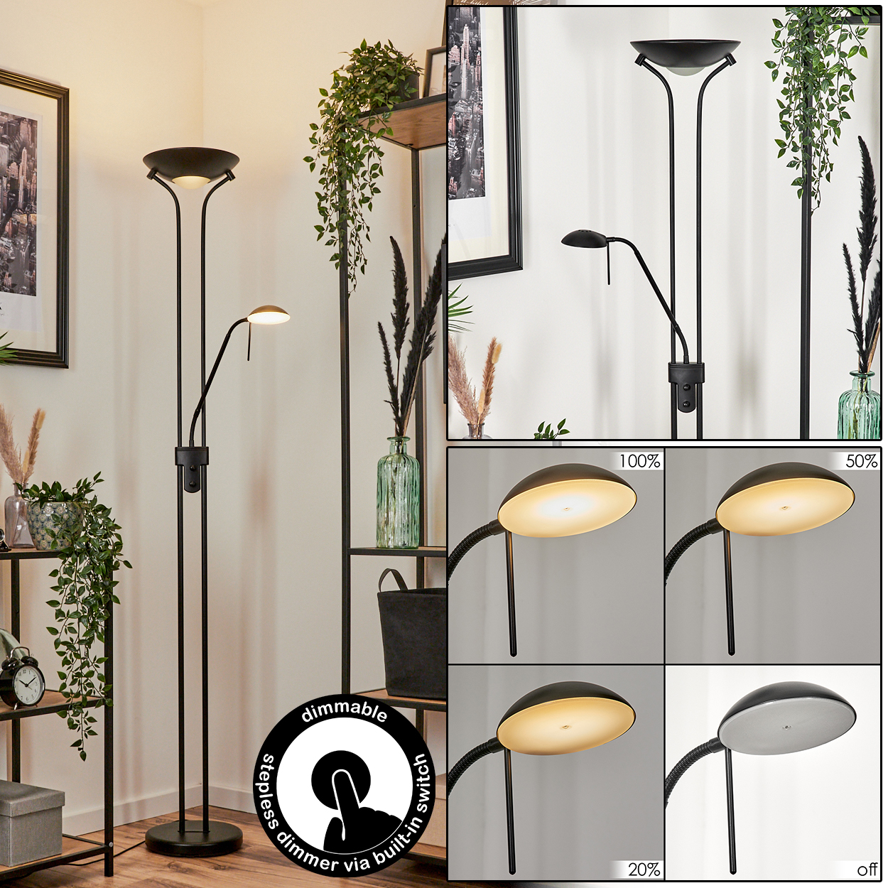 Eine schwarze Stehlampe mit zwei Lichtern, einem großen und einem kleinen, dimmbar. Pflanzen und Regale sind im Hintergrund.