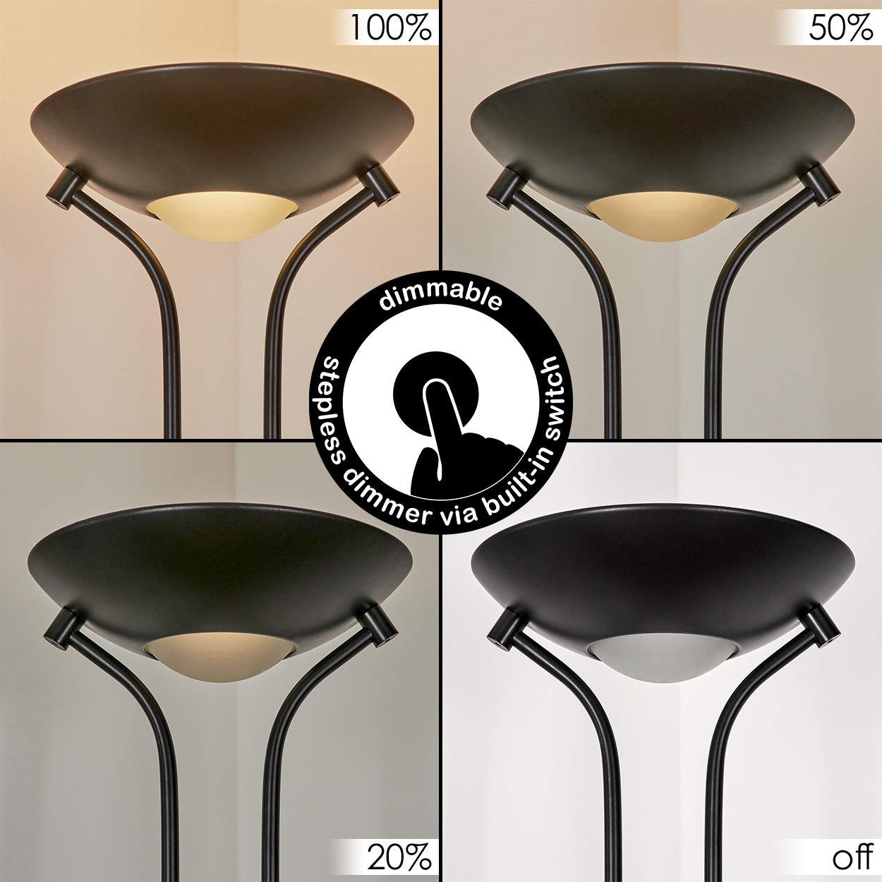 Eine schwarze, dimmbare Lampe mit verschiedenen Helligkeitsstufen, von 100 % bis aus. Eine Grafik zeigt, wie man das Licht dimmt.