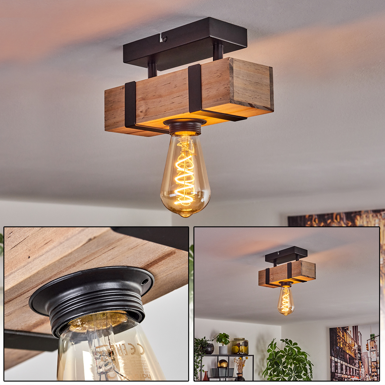 Deckenlampe mit Holz- und Metallelementen und einer dekorativen Glühbirne.