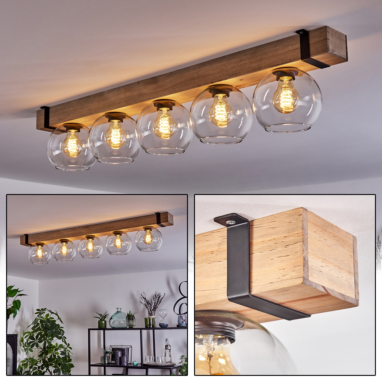Eine Deckenleuchte aus Holzbalken mit fünf klaren Glaskugel-Schirmen mit sichtbaren Glühbirnen, an einer weißen Decke montiert.