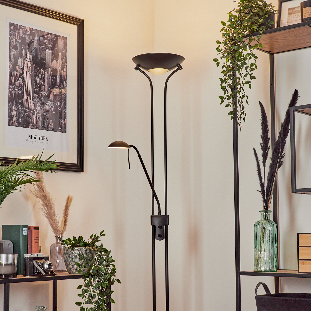 Eine schwarze Stehlampe steht in einem Raum mit Pflanzen und einem New York-Bild. Regale beherbergen Pflanzen, Bücher und eine Kamera.