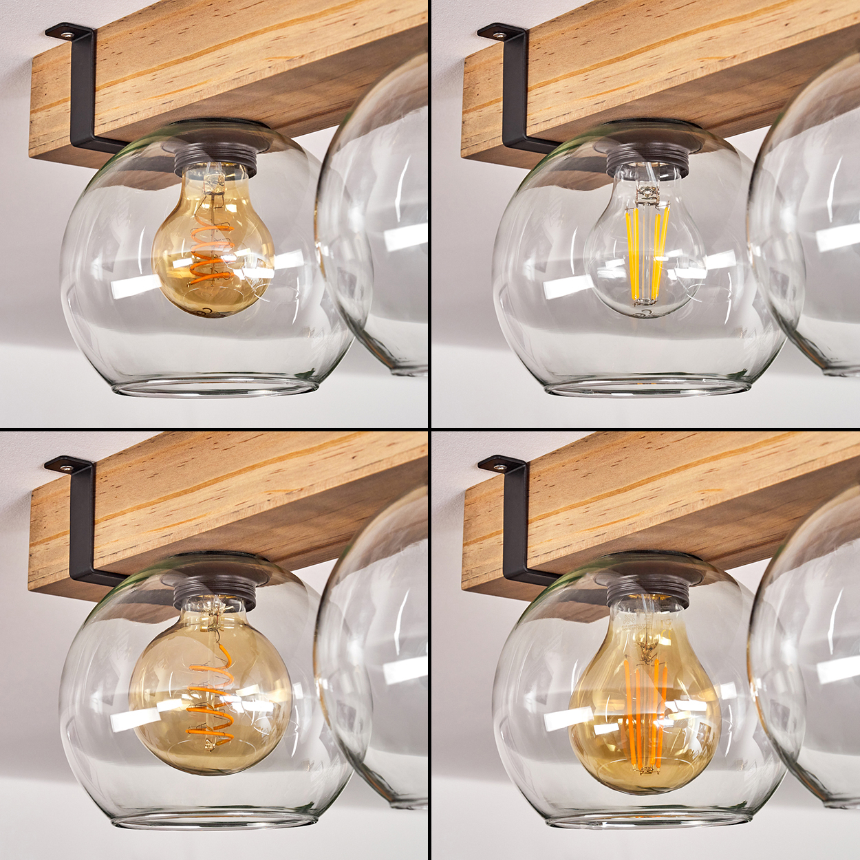 Vier Nahaufnahmen einer Leuchte mit Holzbalken, Glaskugeln und Glühbirnen im Edison-Stil.