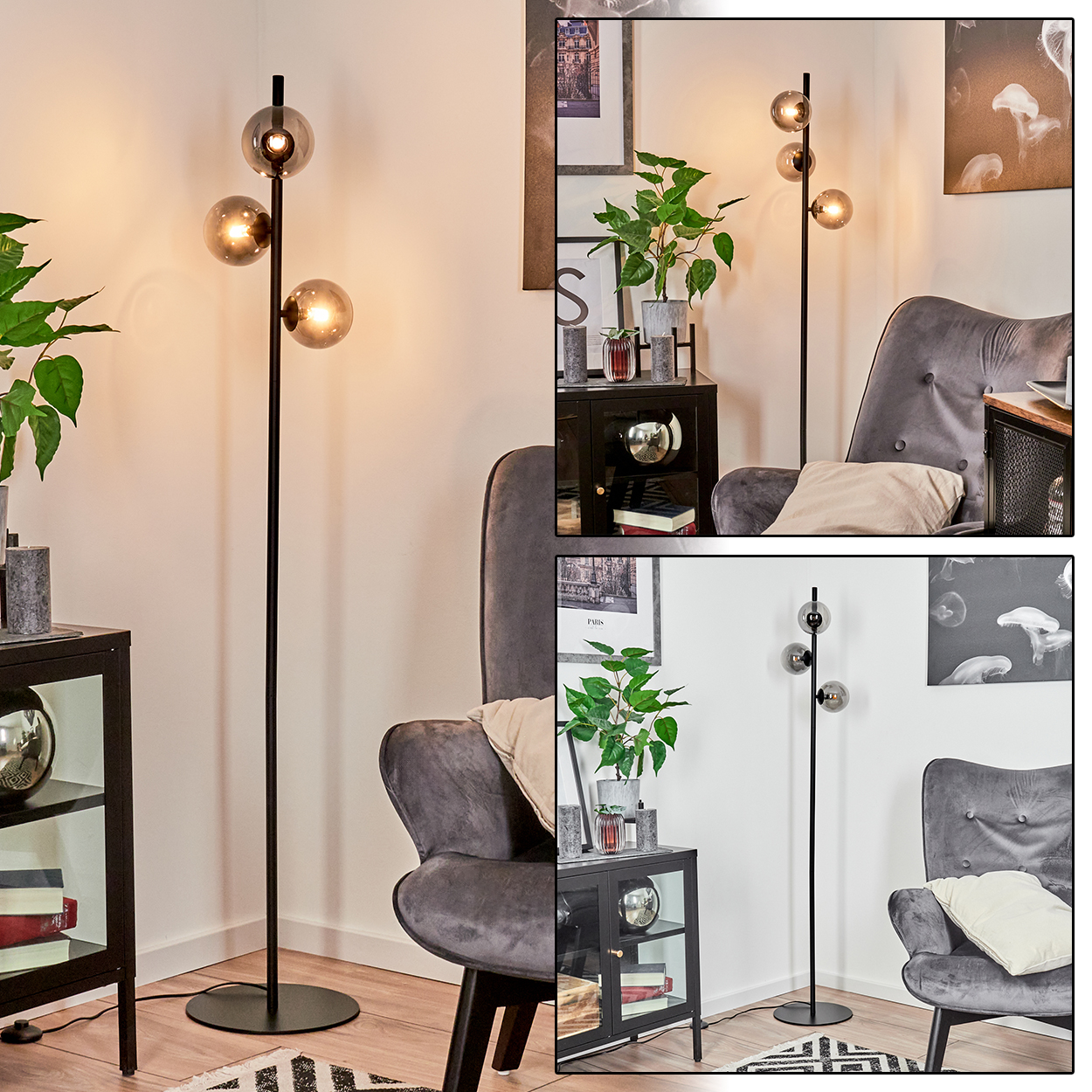 Eine schwarze Stehlampe mit drei Glaskugelleuchten steht in einer Ecke in der Nähe eines grauen Sessels und Beistelltisches.