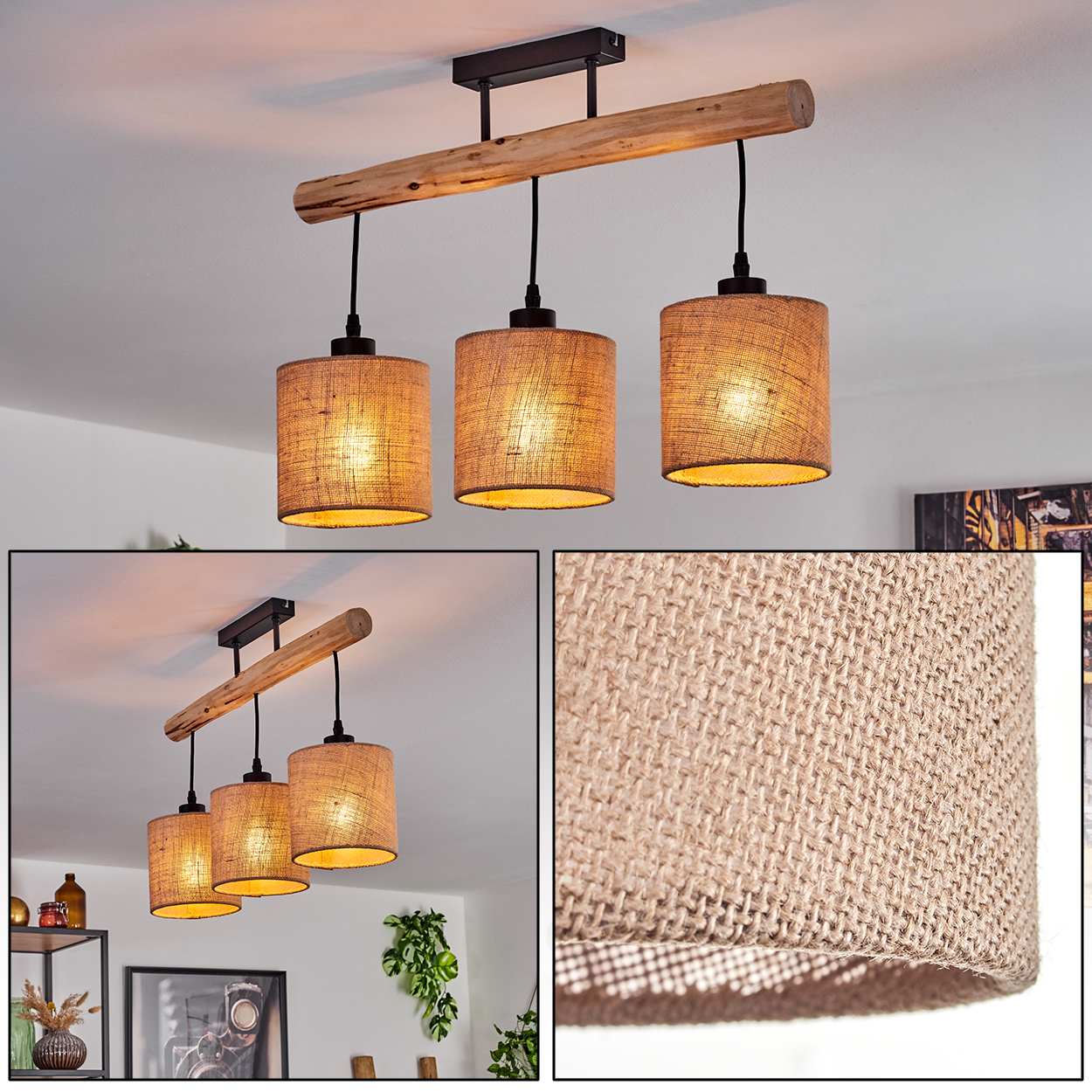 Eine Deckenlampe mit drei Lampenschirmen aus Sackleinen hängt an einem Holzbalken. Der Hintergrund zeigt eine weiße Decke und Dekorationsartikel.
