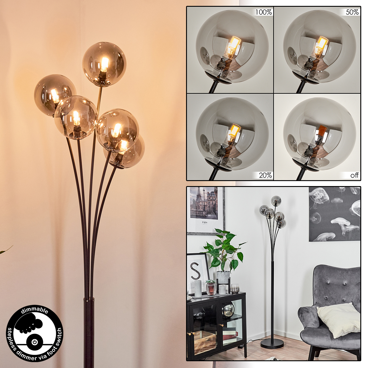 Eine Stehlampe mit fünf Glaskugelschirmen. Vier Nahaufnahmen zeigen unterschiedliche Lichtintensitäten. Eine Zimmerecke mit Möbeln ist ebenfalls zu sehen.