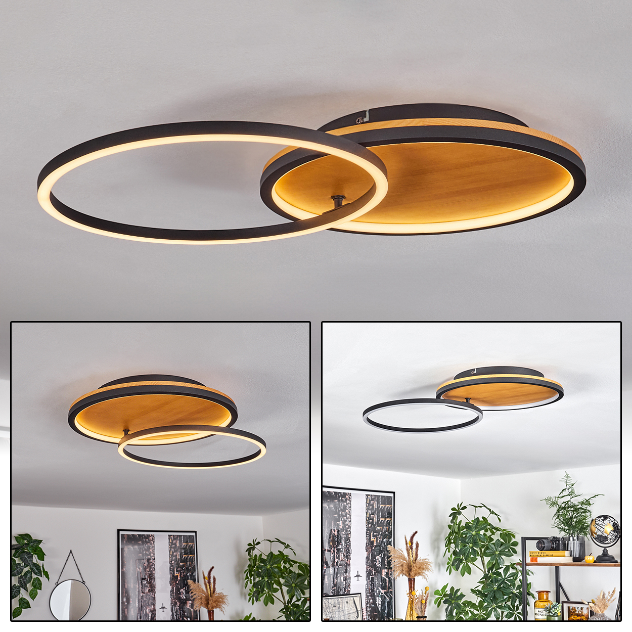 Eine moderne Deckenleuchte mit zwei sich kreuzenden Ringen und einem Holzsockel, montiert an einer weißen Decke. Der Raum ist hell.