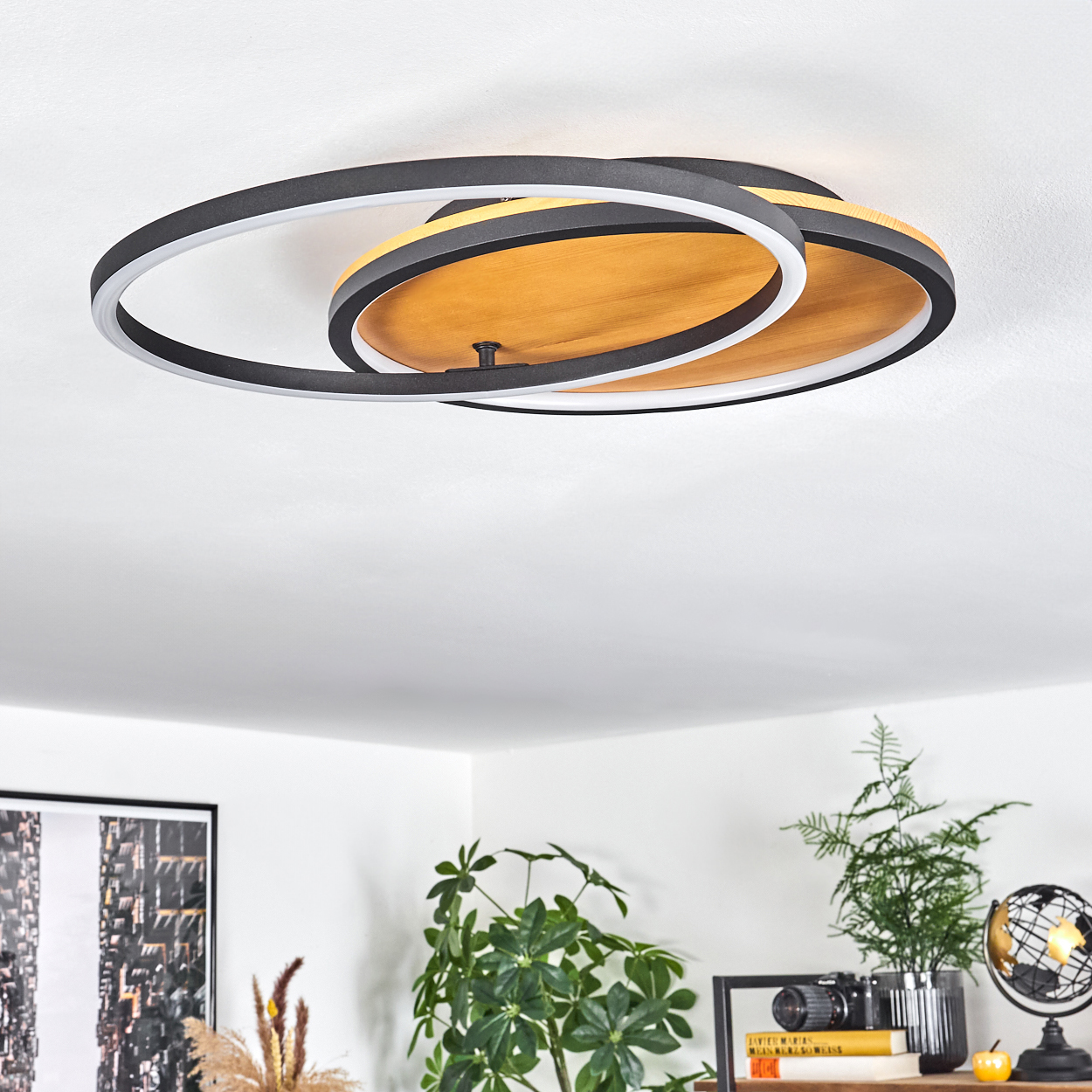 Moderne Deckenleuchte mit schwarzen und weißen Ringen, Holzsockel. Pflanzen und Deko auf einem Regal darunter. Weiße Decke.