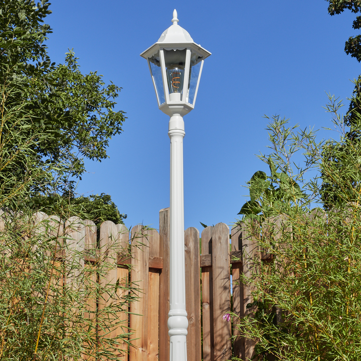 Eine weiße Straßenlaterne mit Glaseinfassung steht vor einem Holzzaun. Grünes Laub und blauer Himmel bilden den Hintergrund.