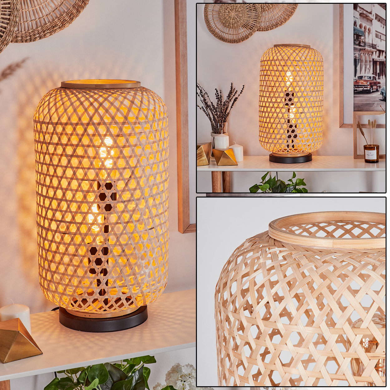 Eine Bambuslampe mit warmem Schein steht auf einem weißen Regal. Im Hintergrund sind weitere Lampen und Dekorationen zu sehen.