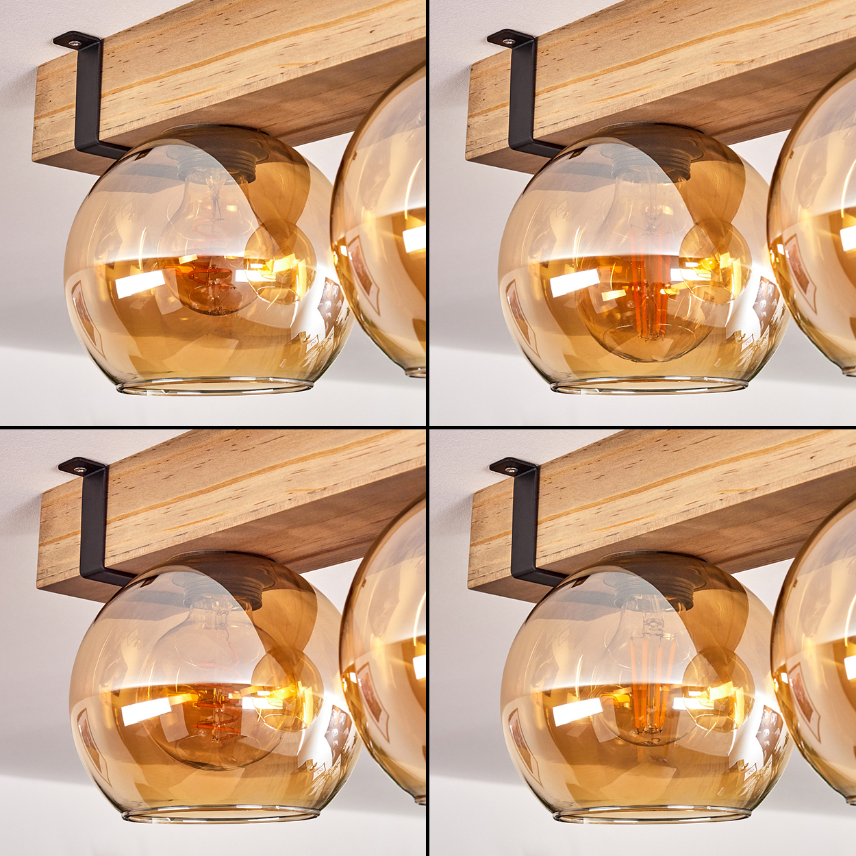 Viergeteiltes Bild einer Deckenlampe. Sie hat bernsteinfarbene Glaskugeln mit sichtbaren Glühbirnen, montiert auf einem Holzbalken.