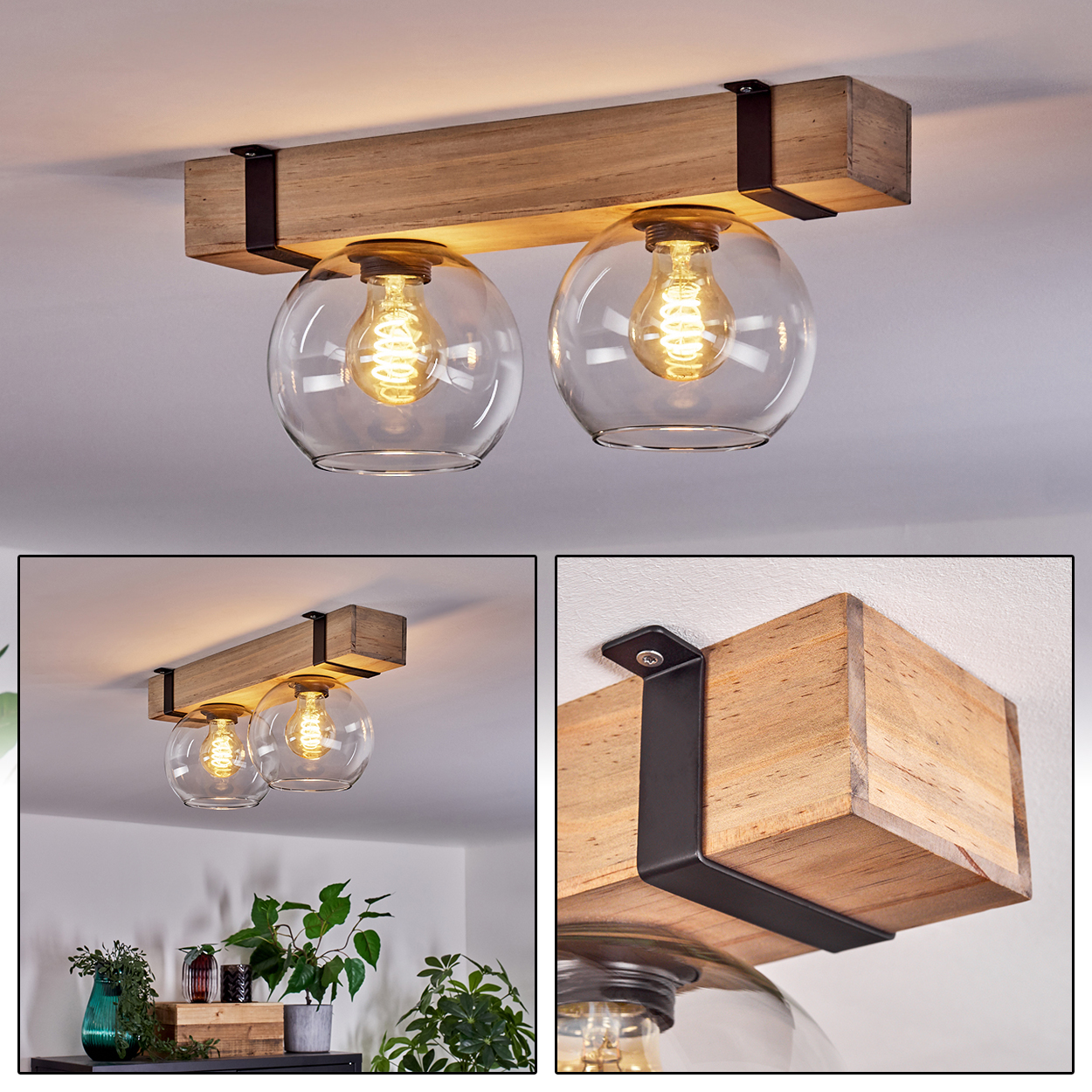 Eine Deckenleuchte aus Holz mit zwei Glaskugelschirmen. Das Licht hängt an einem Holzbalken, der mit schwarzen Metallhalterungen befestigt ist.