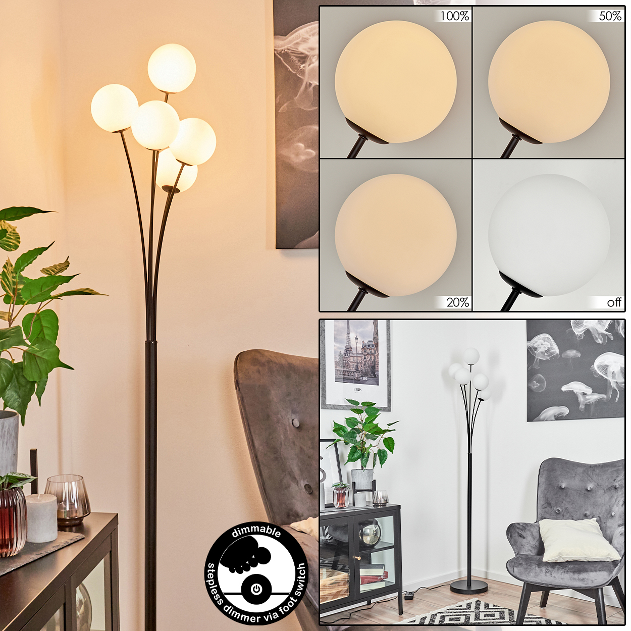 Eine schwarze Stehlampe mit fünf Kugelleuchten. Die Lampe steht in einem Raum mit einem grauen Sessel und einem schwarzen Schrank.