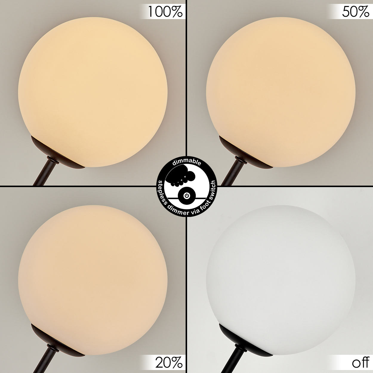 Vier Bilder einer dimmbaren Lampe mit unterschiedlichen Helligkeitsstufen: 100 %, 50 %, 20 % und aus. Ein Logo zeigt das Dimmen per Fußschalter an.
