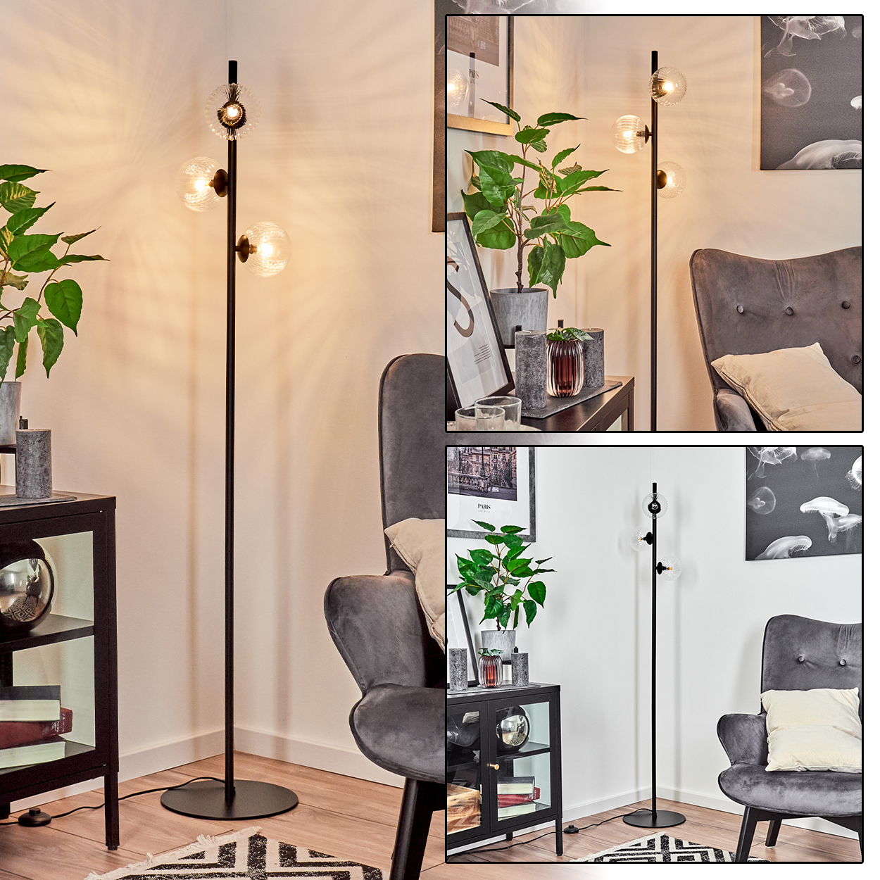 Eine schwarze Stehlampe mit drei kugelförmigen Lichtern steht in einer Ecke neben einem schwarzen Schrank und einem grauen Sessel.