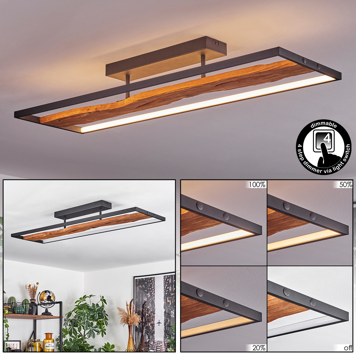 Eine rechteckige Deckenleuchte mit Holzmitte, umgeben von einem dunklen Rahmen. Über Lichtschalter in 4 Stufen dimmbar.