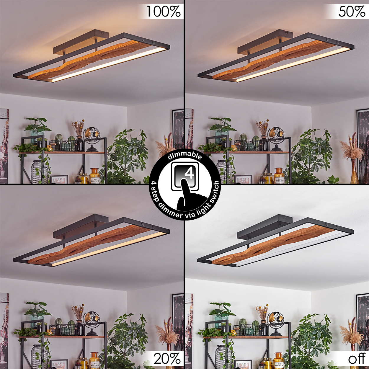 Vier Bilder einer Deckenleuchte mit unterschiedlicher Lichtintensität. Die Leuchte hat eine Holzmitte und einen schwarzen Metallrahmen.