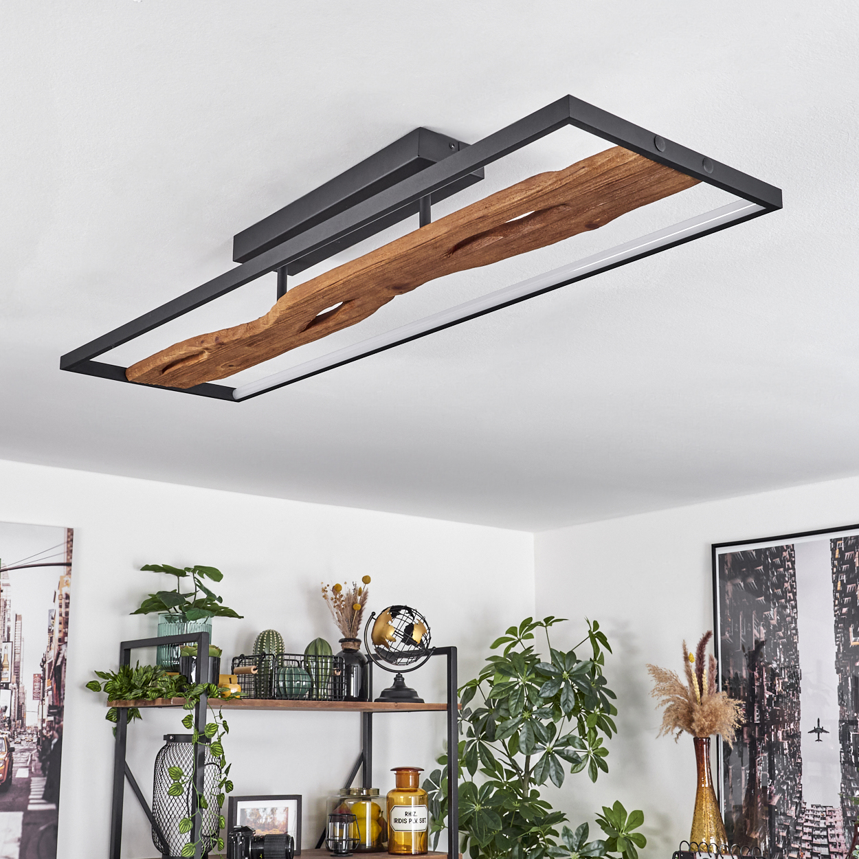 Eine Deckenleuchte mit Holzbalken in der Mitte, umgeben von einem schwarzen Rahmen. Darunter ein Regal mit Pflanzen, einem Globus und anderen Dekorationen.